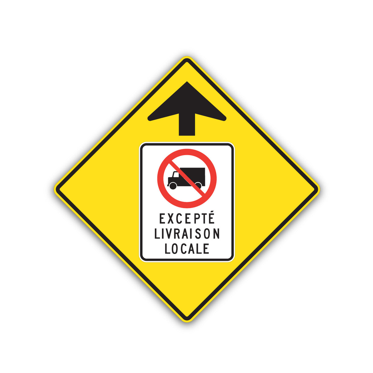 Signal avancé d’un accès interdit aux camions sauf pour livraison locale (D-450)