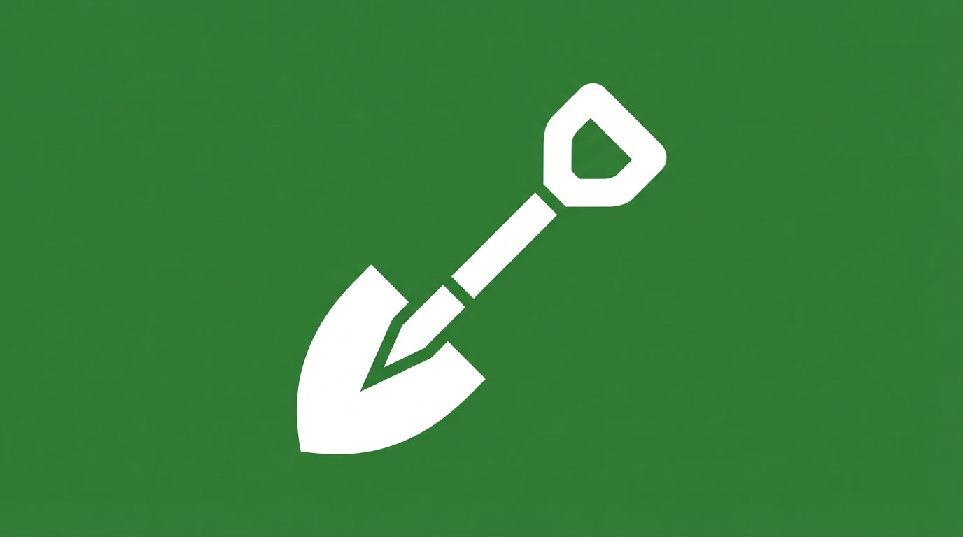 Pictogramme de pelle sur fond vert forêt représentant la préparation de la saison de construction