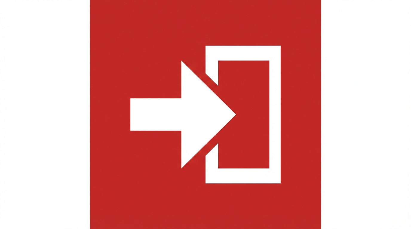 Pictogramme de flèche vers une sortie sur fond rouge, représentant la signalisation des issues de secours