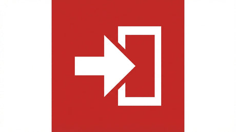 Pictogramme de flèche vers une sortie sur fond rouge, représentant la signalisation des issues de secours