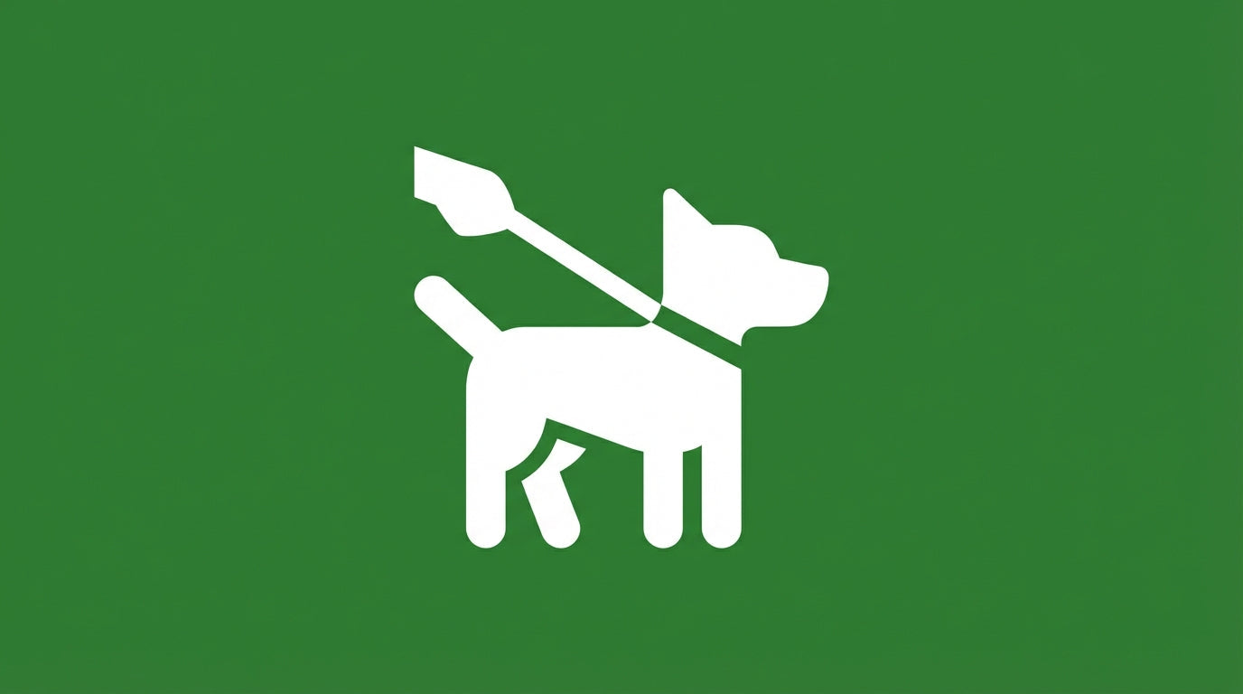 Pictogramme d'un chien en laisse sur fond vert forêt